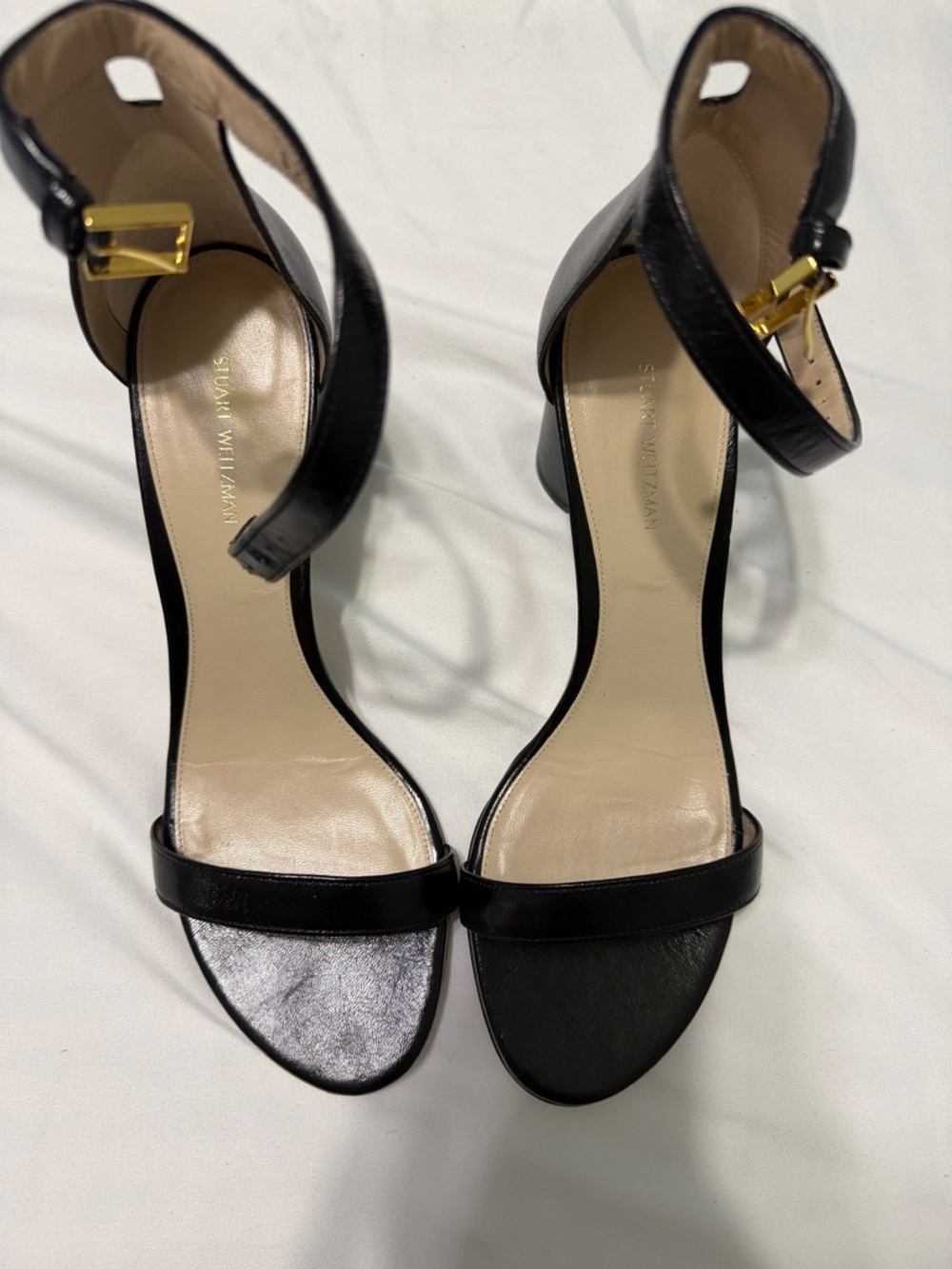 Stuart Weitzman Black Leather Ankle-Strap Sandals